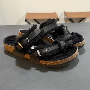 Birkenstock Black Fuzzy Sandals with Buckles